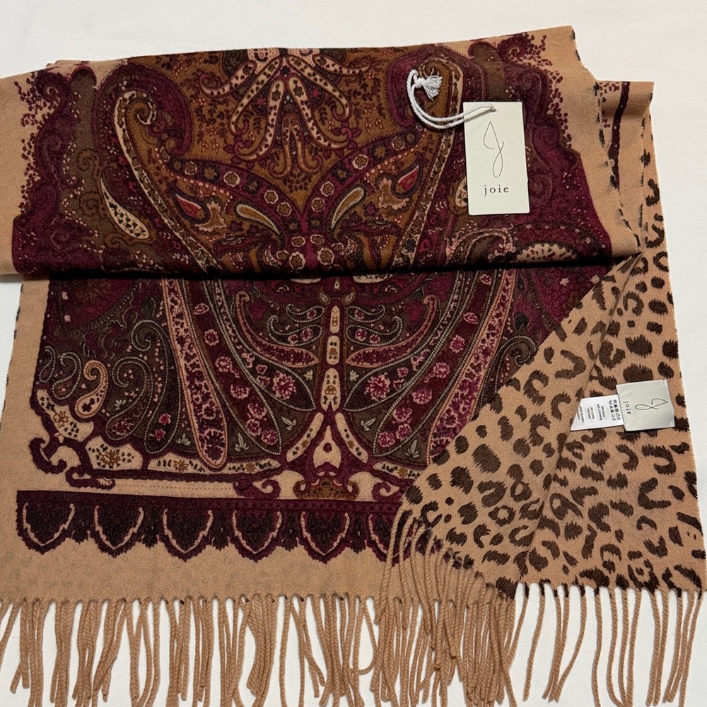 Joie Burgundy and Brown Paisley Leopard ScarfWool/Cashmere NWT